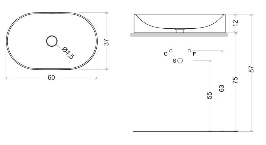 001 713 047 NIC Design Pin раковина 600x370 мм, накладная, цвет Cemento матовый
