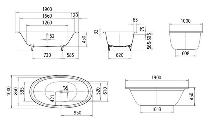Ванна эмалированная 190x100 овальная ELLIPSO DUO OVAL KALDEWEi