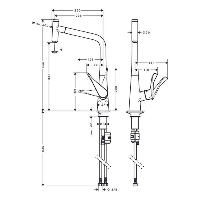 Hansgrohe Metris Select M71 Смеситель  для кухни на 1 отв, поворотный и выдвижной излив 1jet, кнопка вкл/выкл воды, цвет: сталь 14884800