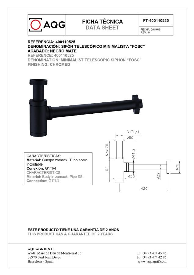 AQG, круглый сифон FOSC 1”1/4, цвет черный матовый