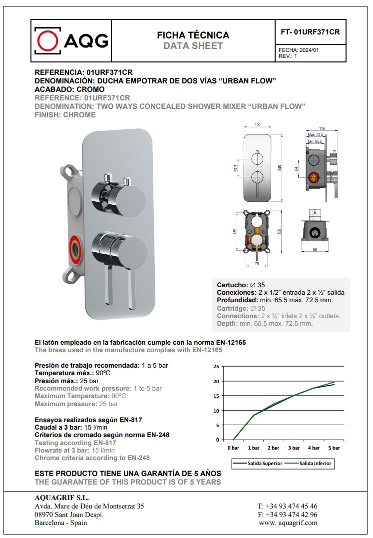 19URFER23602 AQG Urban Flow, душевой комплект ER236 на 2 потребителя, с настенным кронштейном, цвет хром