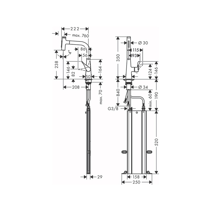 Hansgrohe Metris M71 Смеситель для кухни, на 1 отв, поворотный излив: 20.8см с вытяжным душем, 2jet, h238мм, sBox кнопка вкл/выкл,, цвет: нержавейка 73817800