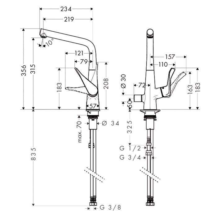 Hansgrohe Metris M71 Смеситель  для кухни на 1 отв, поворотный излив, с запорным вентилем. цвет: хром 14888000