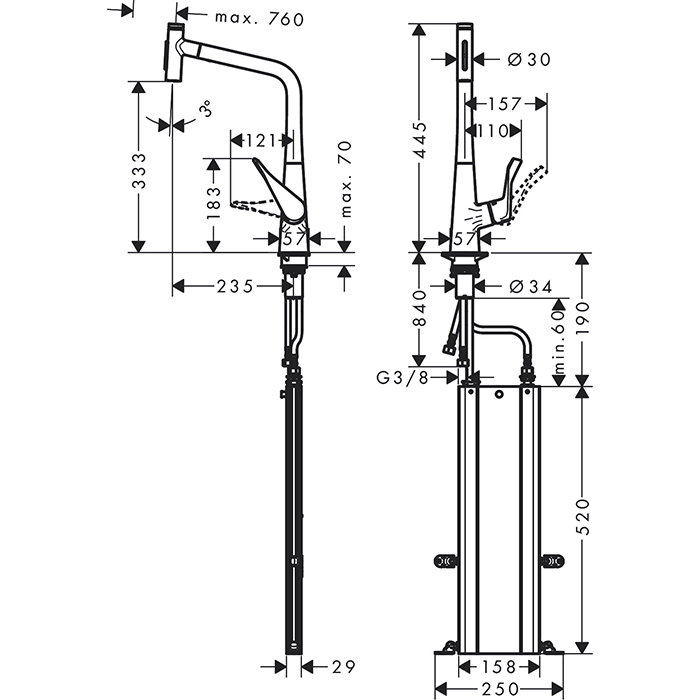 Hansgrohe Metris M71 Смеситель для кухни, на 1 отв, поворотный излив: 23.5см с вытяжным душем, 2jet, h: 33.3см, sBox, цвет: нержавейка 73816800