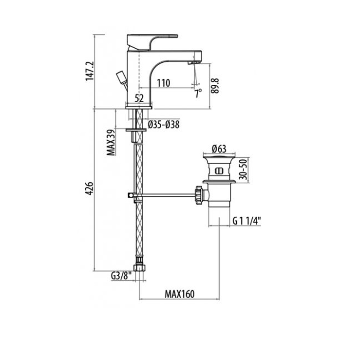 Gattoni H2Omix1000 Смеситель для раковины 110мм донным клапаном, цвет: хром 1041/10С0