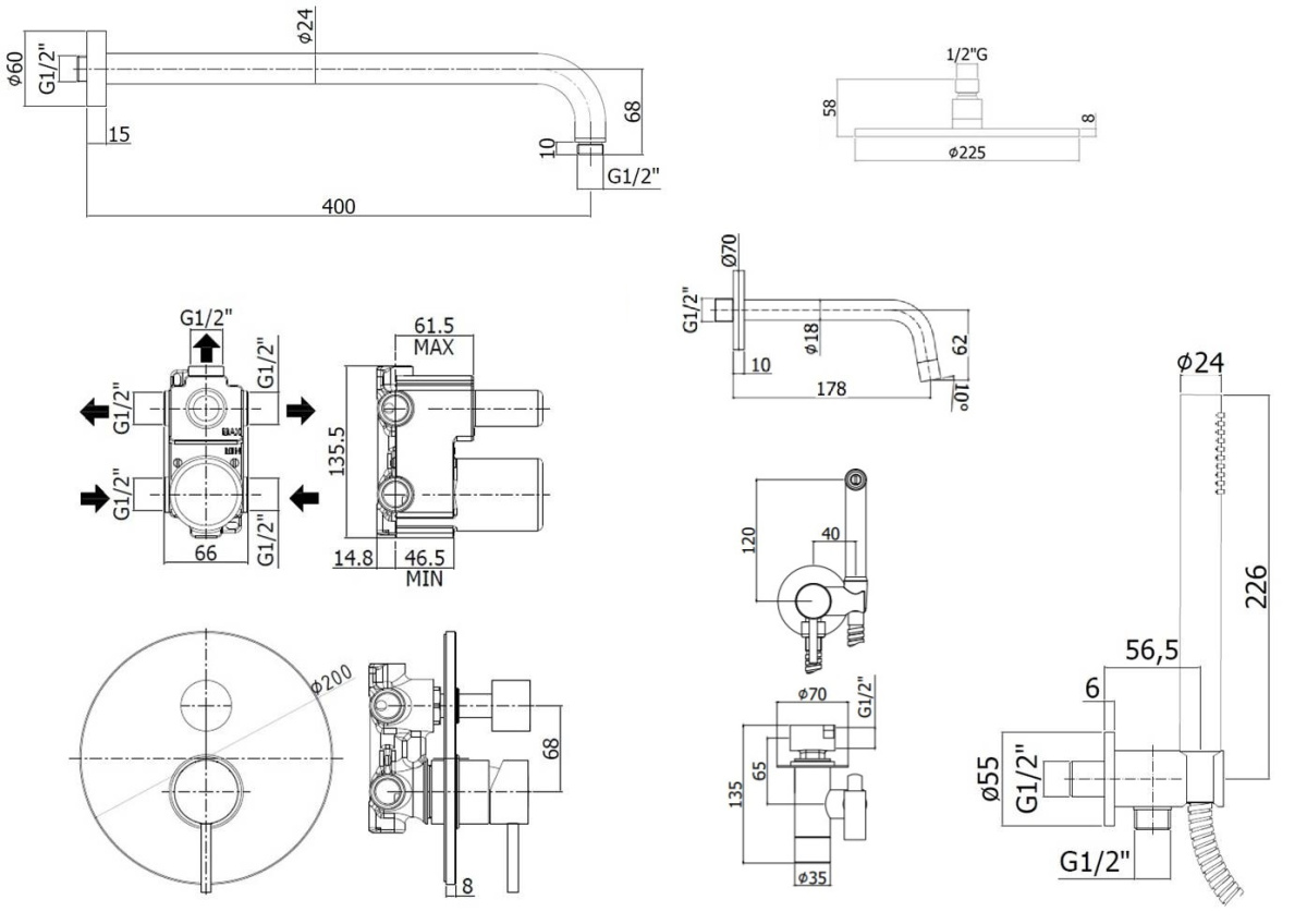 Комплект KITZLIG019CR045  для ванны с гигиен.душем, с изливом 175мм, смеситель LIG019CR на 3 выхода, душ 225мм, LIGHT,  хром Paffoni - 1 шт