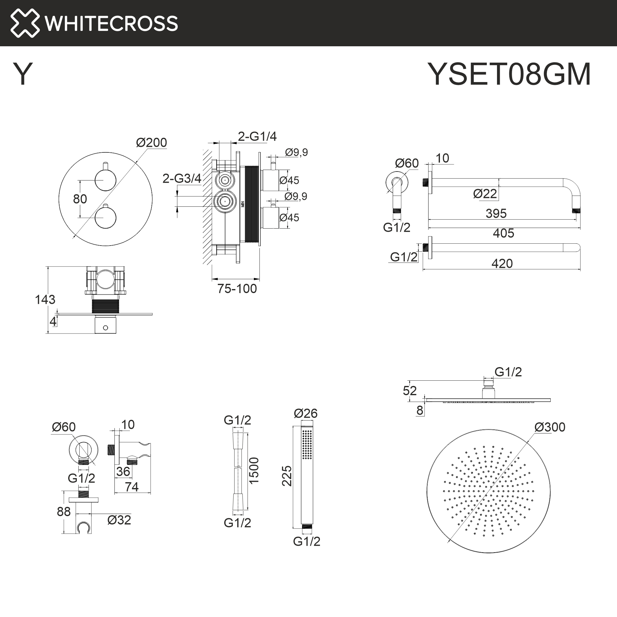 Термостатическая душевая система скрытого монтажа WHITECROSS YSET08GM (оружейная сталь)