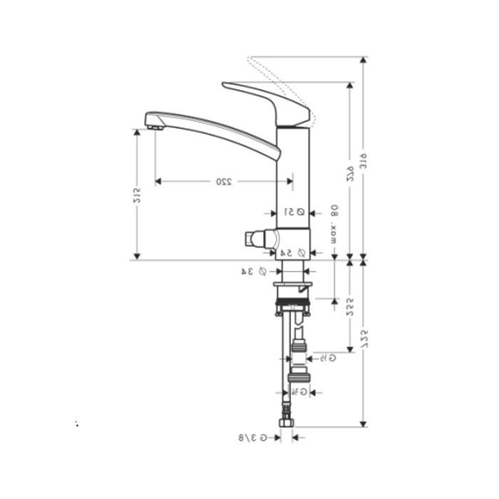 Hansgrohe Metris Смеситель для кухни 220, однорычажный, с запорным вентилем для посудомоечной машины, 31803000