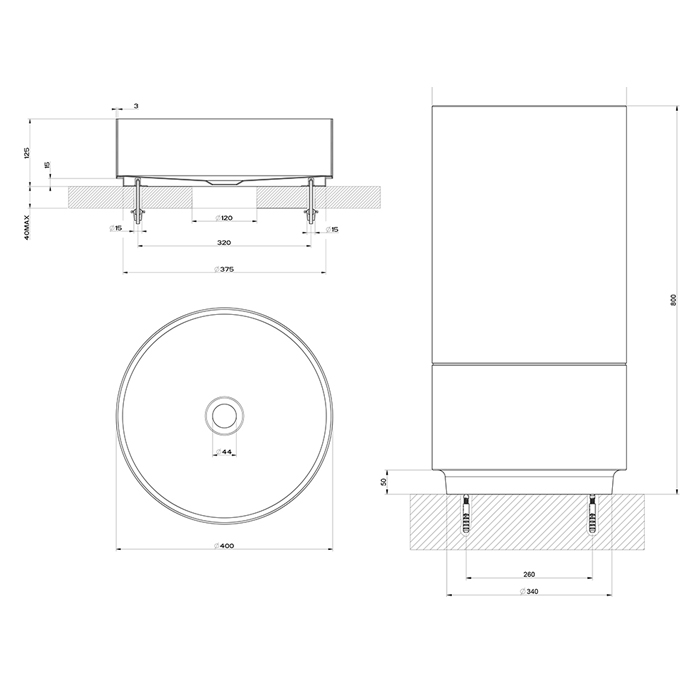 Gessi 316 Раковина 40x90 см, без отв., напольная, отдельностоящая, с сифоном, слив в пол, цвет: Copper brushed pvd 54601#708
