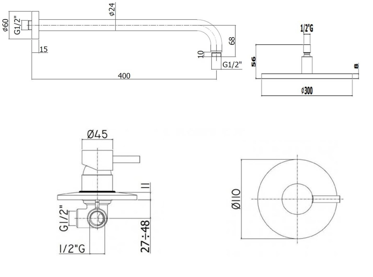 Комплект KITLIG011BOKING  для душа , со смесителем LIG011BO на 1 выход, душ 300мм, LIGHT, белый матовый Paffoni - 1 шт
