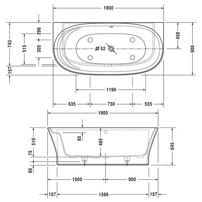 Duravit Cape Cod Ванна пристенный вариант, 190x90см с бесшовной панелью и ножками, с одним наклоном для спины, цвет: белый 700364