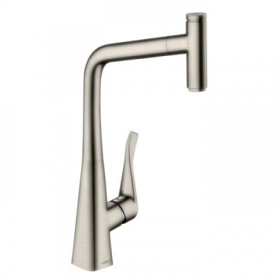 Hansgrohe Metris Select M71 Смеситель  для кухни на 1 отв, поворотный и выдвижной излив 1jet, кнопка вкл/выкл воды, цвет: сталь 14884800