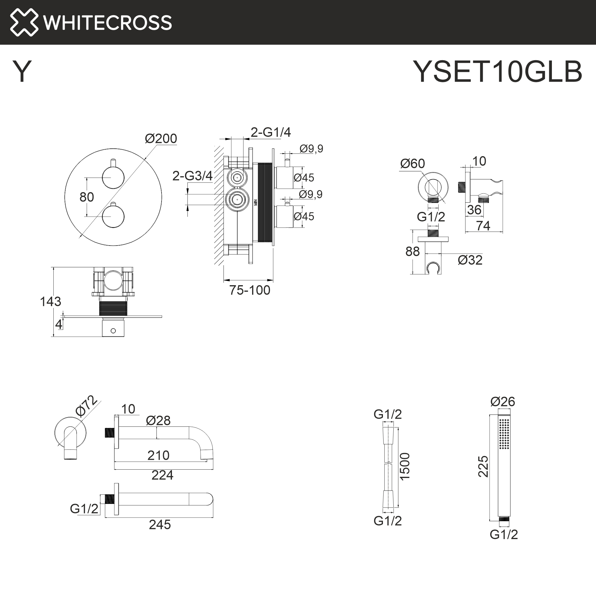 Термостатическая система для ванны скрытого монтажа WHITECROSS YSET10GLB (брашированное золото)