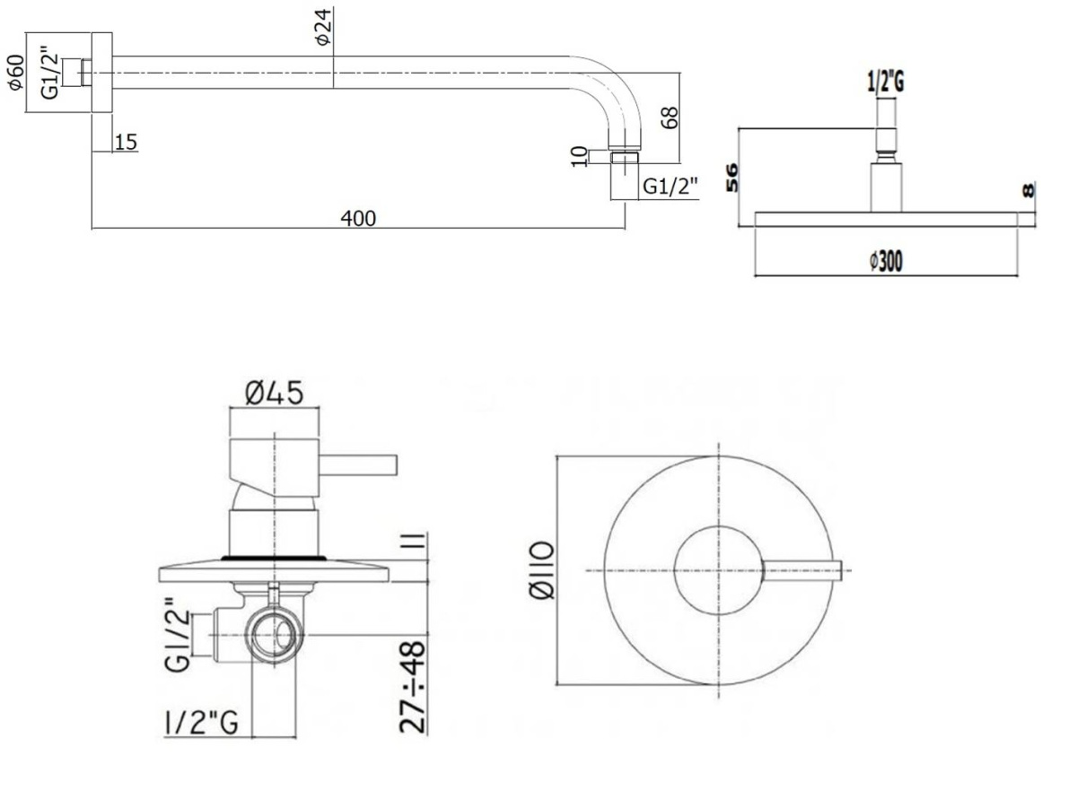 Комплект KITLIG011NOKING  для душа , со смесителем LIG011NO на 1 выход, душ 300мм, LIGHT, черный матовый Paffoni - 1 шт