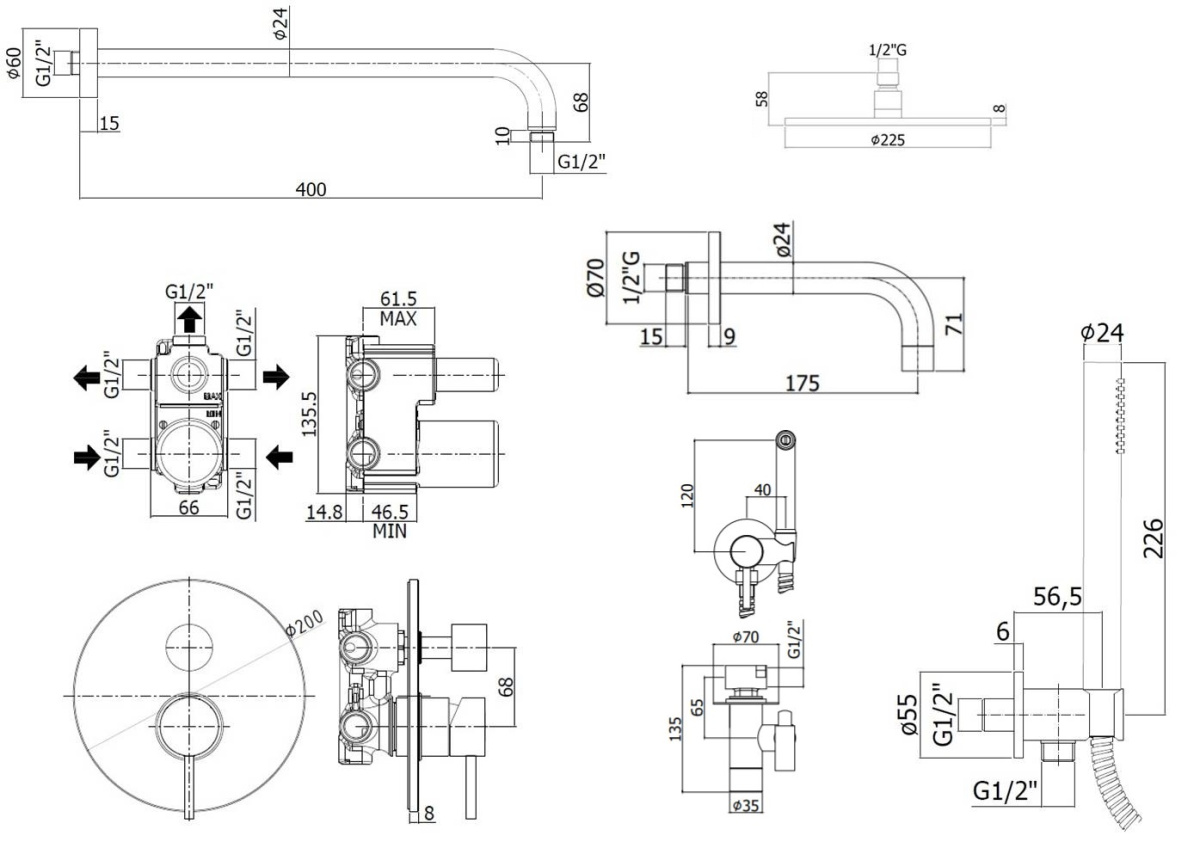 Комплект KITZLIG019CR139 для ванны, с гиген.душем, с изливом 175мм, смеситель LIG019CR на 3 выхода, душ 225мм, LIGHT, хром Paffoni - 1 шт
