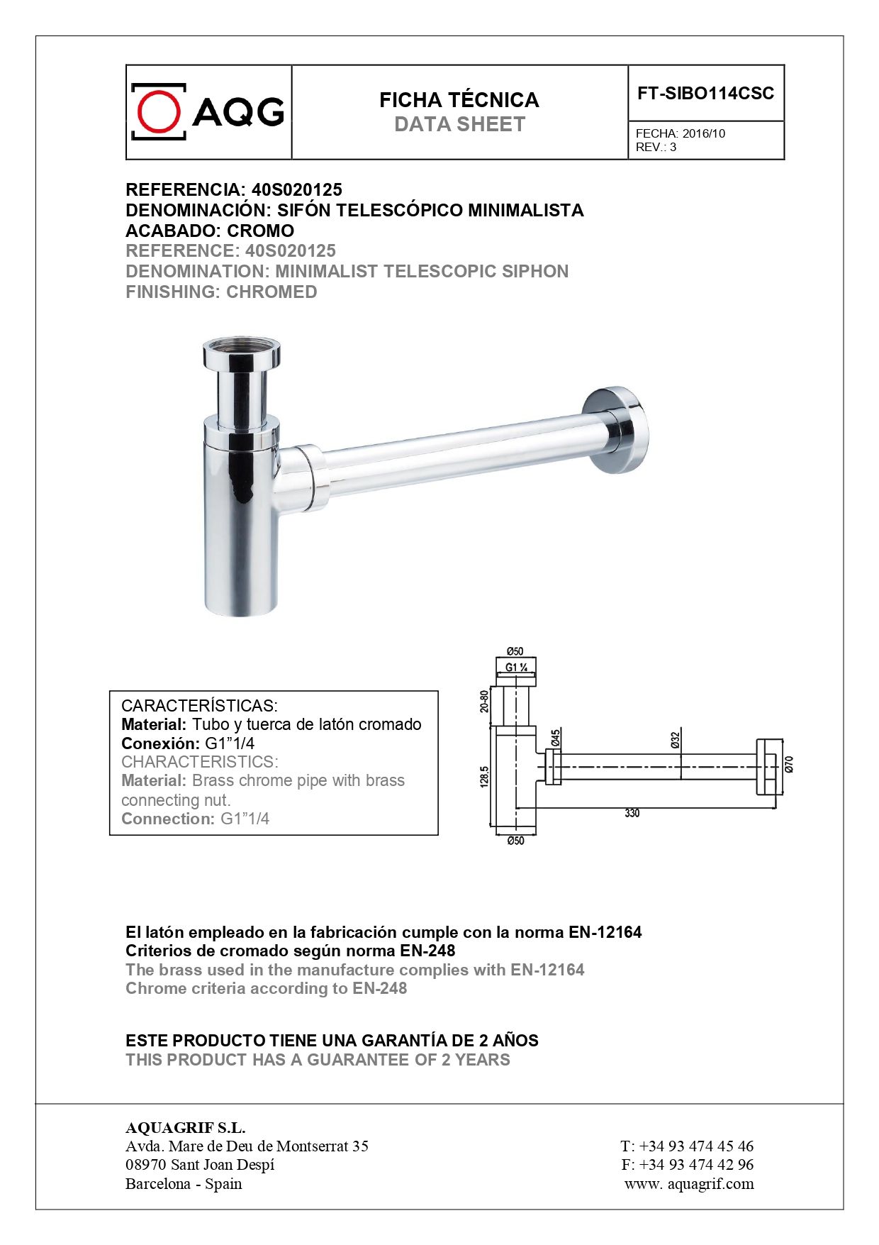 AQG, круглый сифон MINIMALISTA 1”1/4 из латуни, цвет хром
