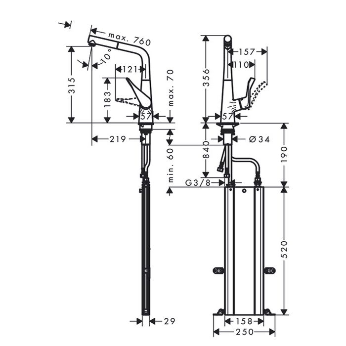 Hansgrohe Metris M71 Смеситель для кухни, на 1 отв, поворотный излив: 21.9см с вытяжным душем, 1jet, h315мм, sBox, цвет: хром 73812000