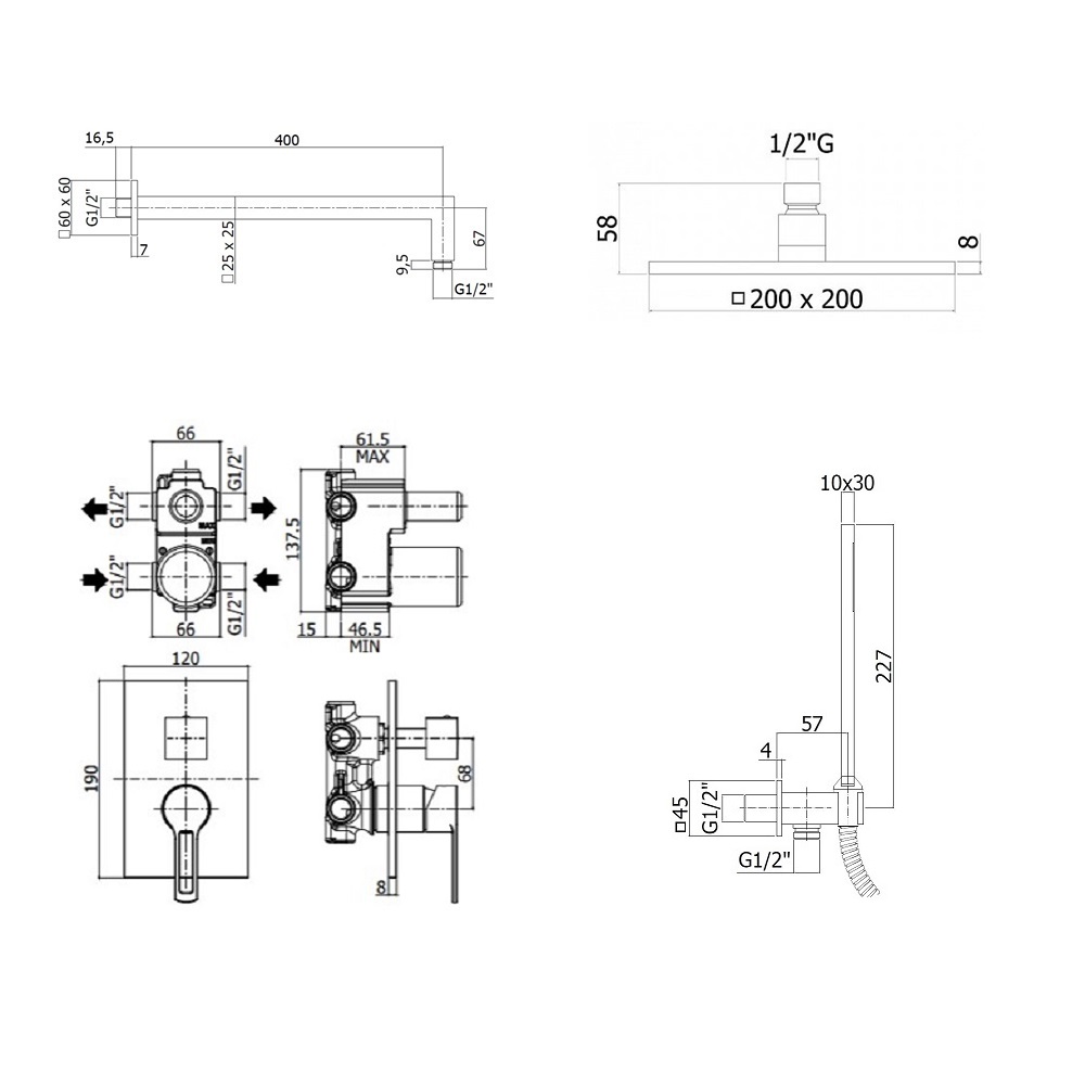 Комплект KITRIN018NO/M  для душа со смесителем RIN018NO/M на 2 выхода, душ 200x200 мм