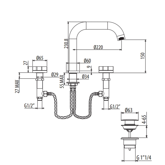 Gattoni GAS Смеситель для раковины на 3 отв., в комплекте цвет: Grey anthracite/красный/синий GS115/31GA
