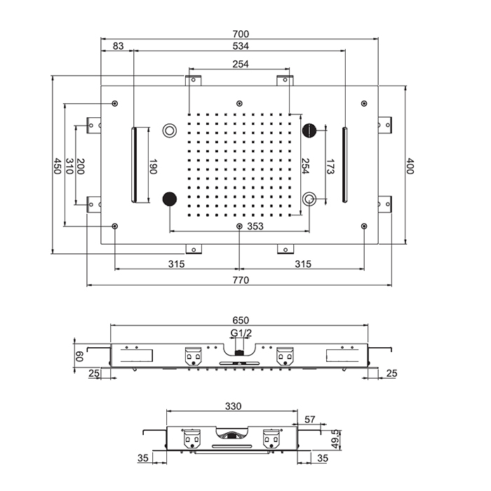 Carlo Frattini Wellness Верхний душ Harmonia 700x400 мм., встраиваемый, 2 режима: дождь, 2 каскада; Bluetooth, хромотерапия LED, цвет: хром F2904CR