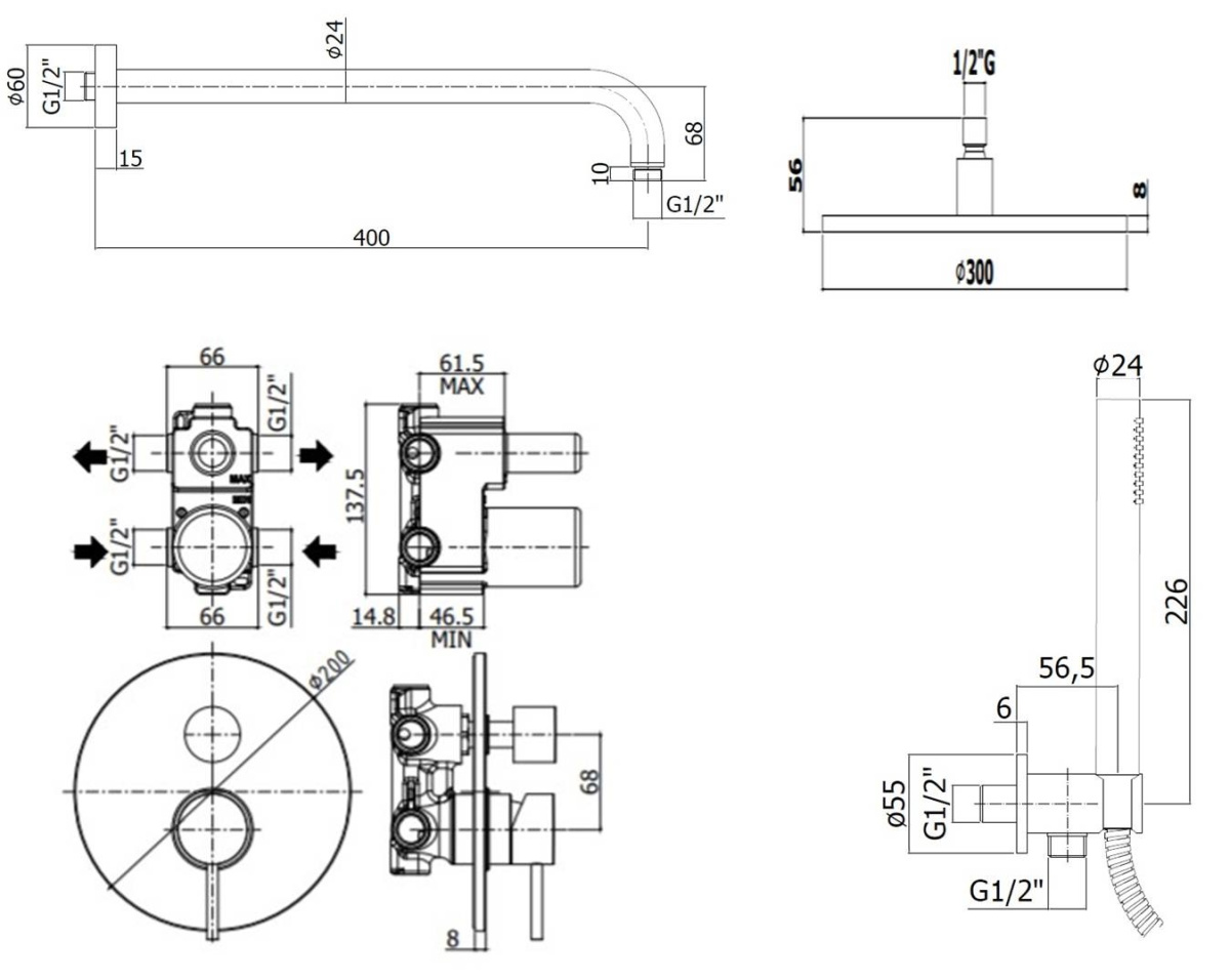Комплект KITLIG018CRKING  для душа со смесителем LIG018CR на 2 выхода, душ 300мм, LIGHT, хром Paffoni - 2 шт