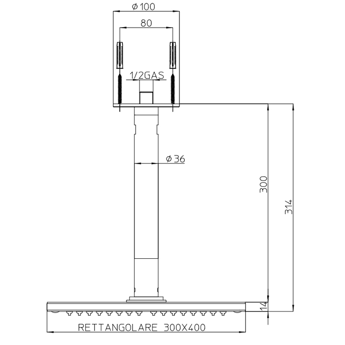 BOSSINI DREAM-RECTANGULAR Верхний душ 400 x 300 мм, 1 режим - держателем вертикальным 300 x d 36 мм, цвет: сатинированная нержавеющая сталь H35370.075