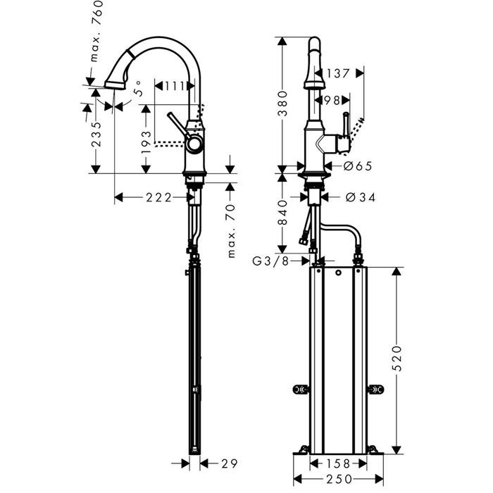 Hansgrohe Metris Select M71 Смеситель для кухни, на 1 отв, поворотный излив: 23.5см с вытяжным душем, 1jet, h: 33.3см, sBox, кнопка вкл/выкл, цвет: нержавейка 73803800