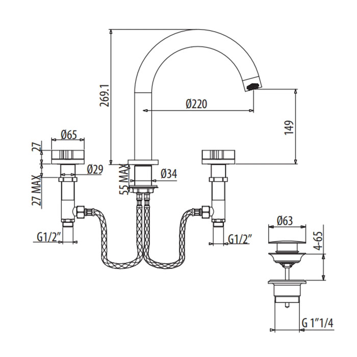 Gattoni GAS Смеситель для раковины на 3 отв., в комплекте цвет: Satin gold/красный/синий GS110/32SG
