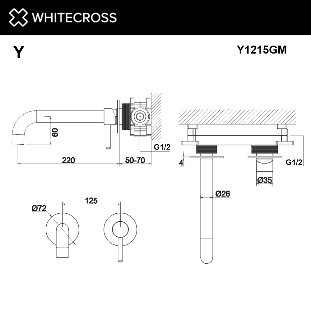 Смеситель для умывальника скрытого монтажа WHITECROSS Y1215GM (оружейная сталь)