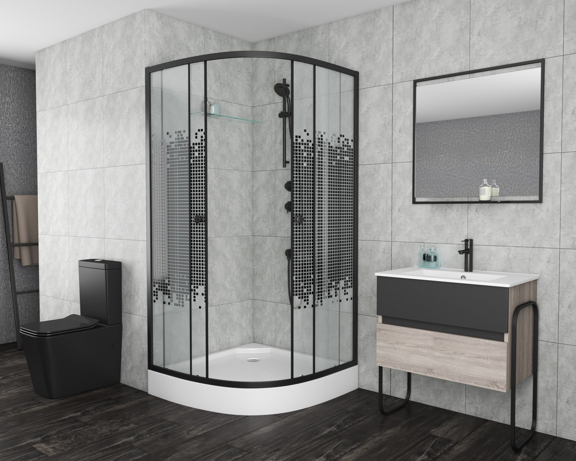 Niagara Eco Душ. уголок NG-007-14BLACK (900х900х1950) низкий поддон(13см) стекло мозаика