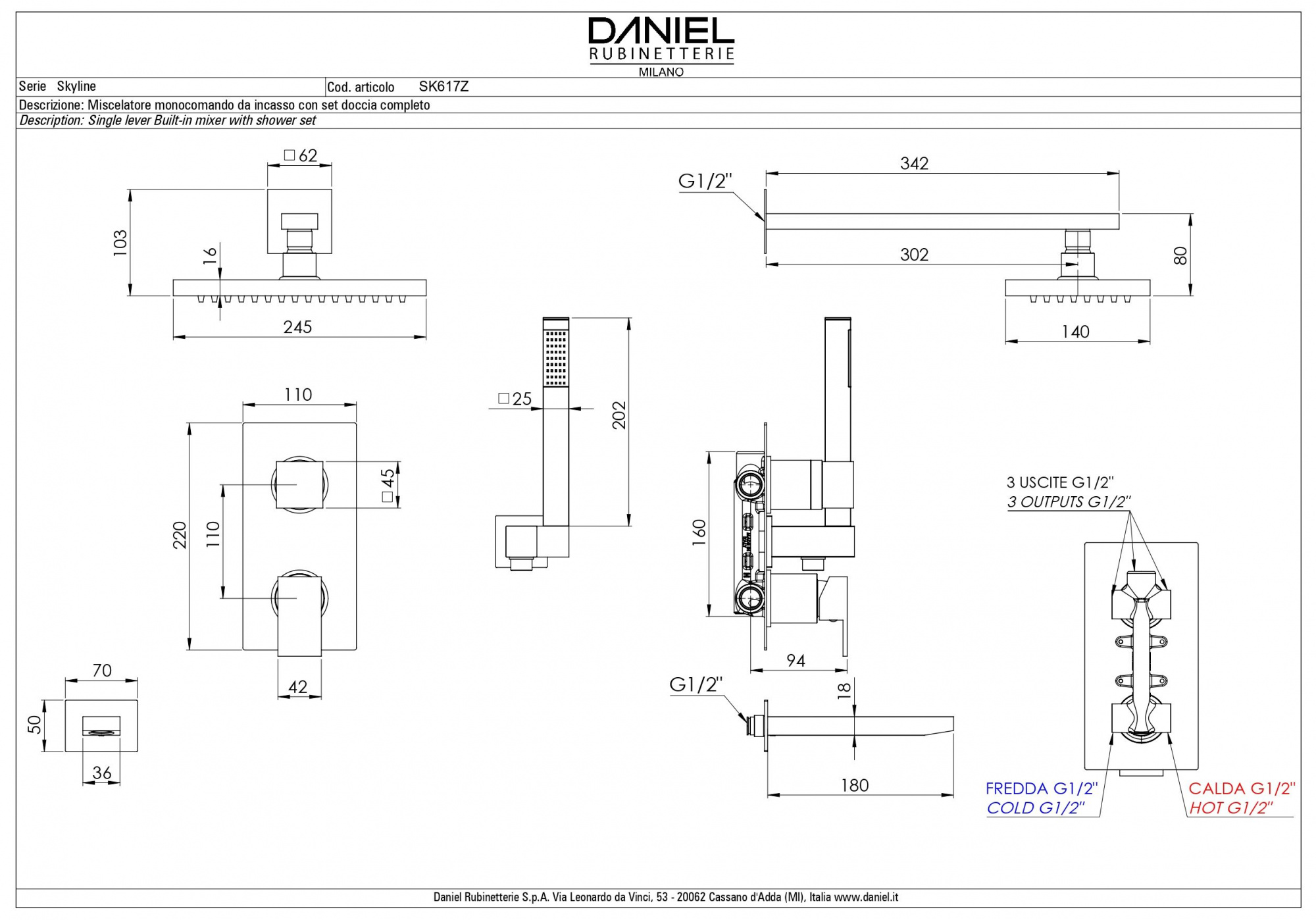 Daniel Skyline, душевой комплект на 3 потребителя: с квадратным изливом, с прямоугольным верхним душем 24х14 см и кронштейном 30 см, цвет хром SK617Z-CR